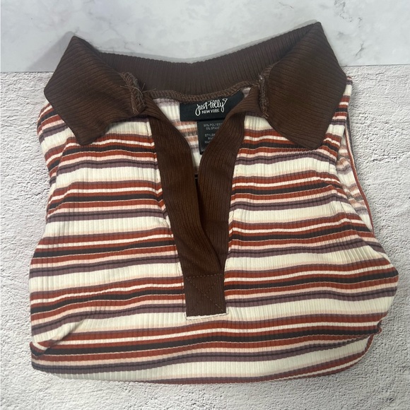 JUST POLY Women's Collard Brown Stripe String Polo Size medium - Picture 3 of 3